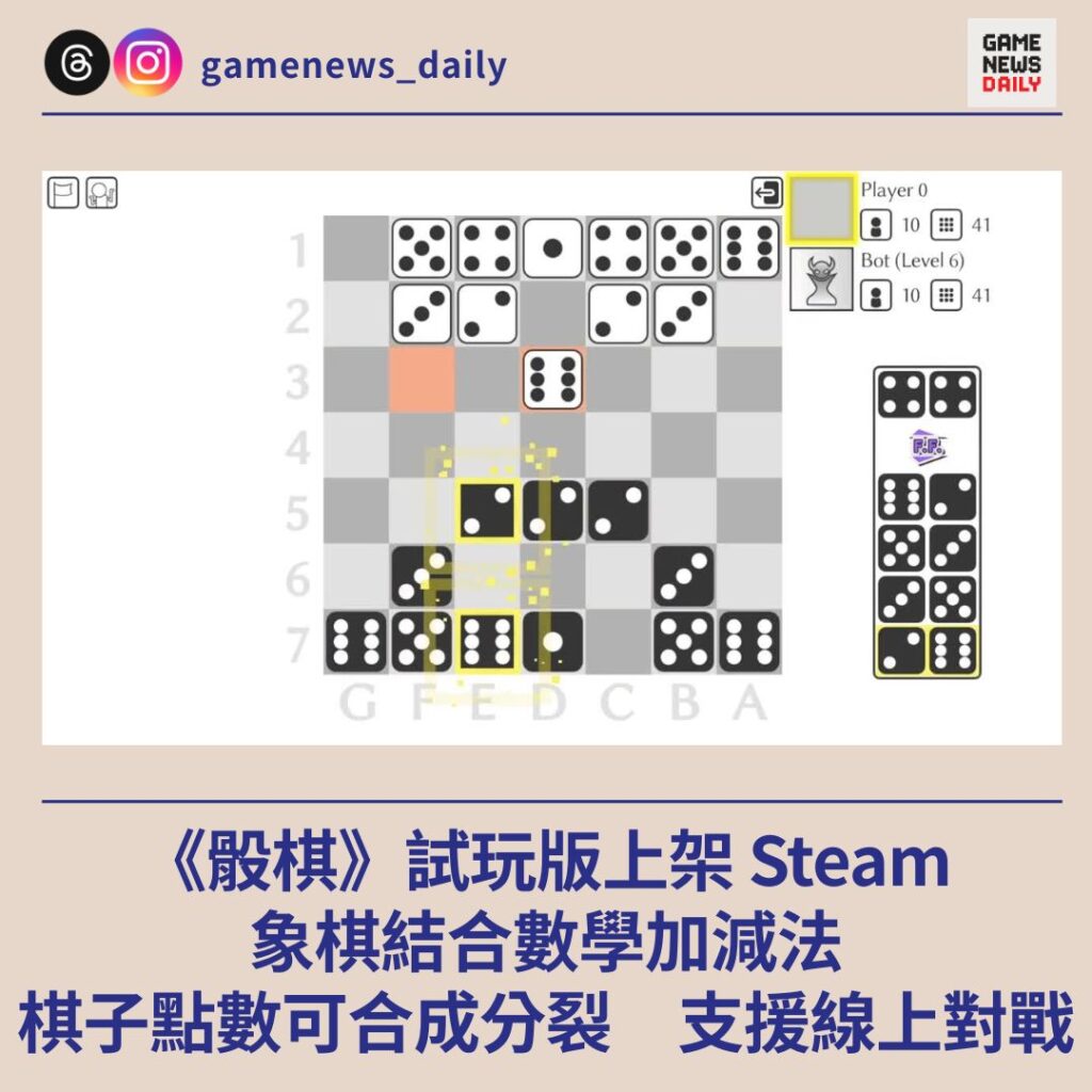 《骰棋》試玩版上架 Steam　象棋結合數學加減法 棋子點數可合成分裂　支援線上對戰