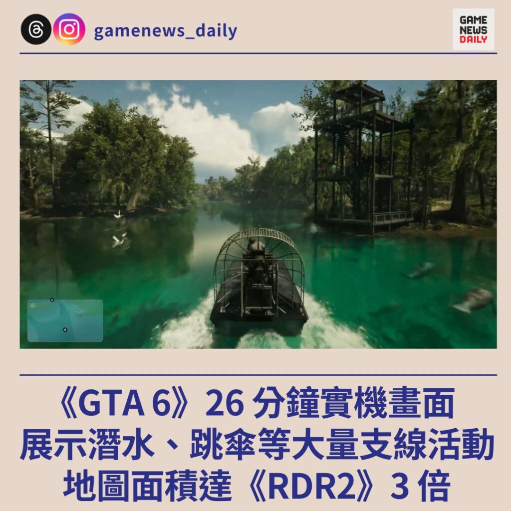 《GTA 6》26 分鐘實機畫面　展示賽車、跳傘等大量支線活動 　地圖面積達《RDR2》3 倍