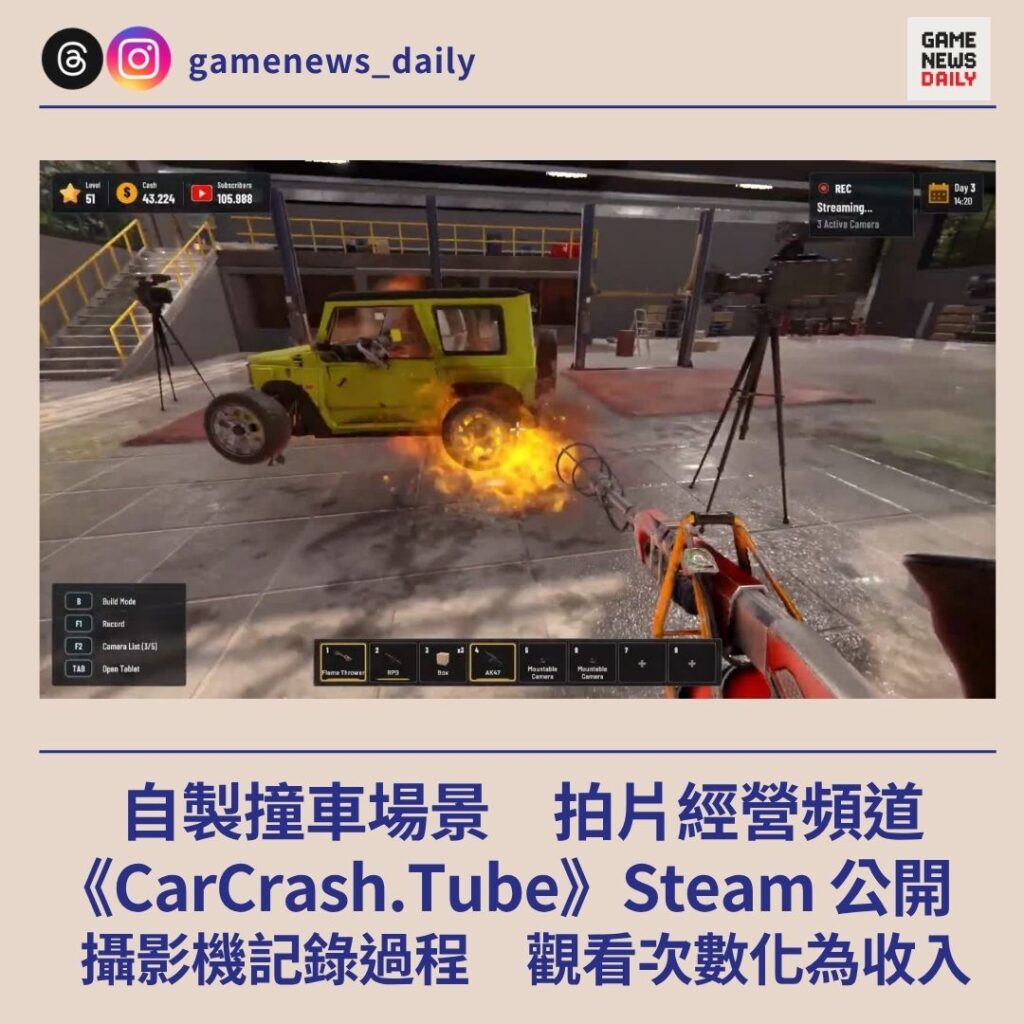 自製撞車場景拍片經營頻道　《CarCrash.Tube》Steam 公開　攝影機記錄過程　觀看次數化為收入